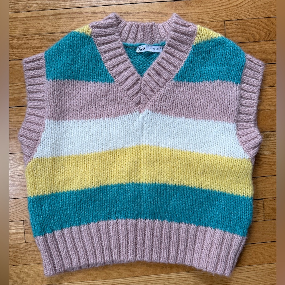 Zara Women's V-Neck Sweater Vest - Pink, Teal, White, Yellow